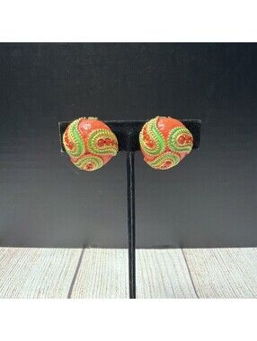 Vintage Mimi Di N Paisley Enamel Clip On Earrings Orange Green And Gold Signed